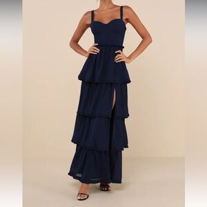 Lulu’s Sophisticated Occasion Navy Blue Bustier Lace-Up Maxi Dress S